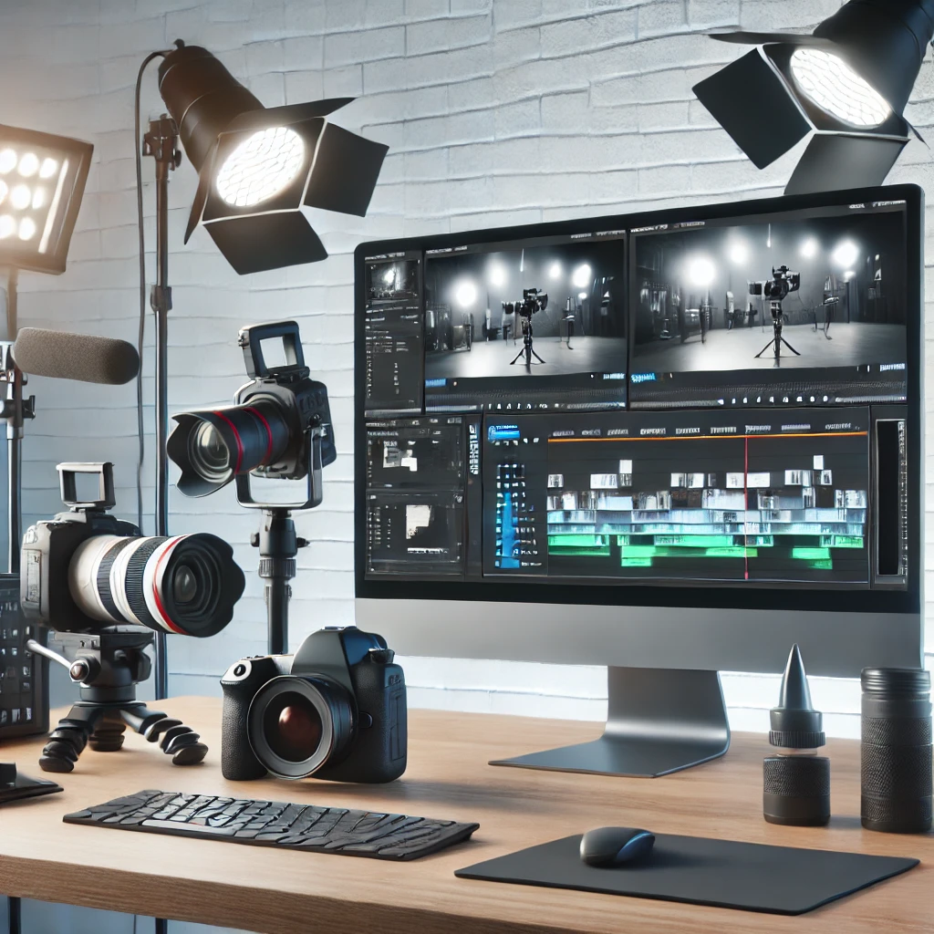 A stylish and modern video production setup with high-quality cameras, lighting equipment, a sleek computer monitor displaying video editing software,