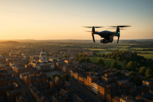 Aerial drone filming over the East Midlands, capturing Nottingham city skyline and surrounding countryside — representing Mediabox Productions filming across the region