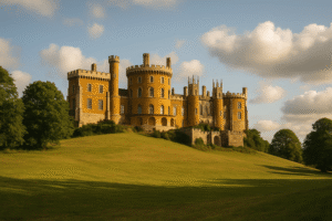 Belvoir Castle near Newark, a grand historic estate in the East Midlands with turrets and golden sandstone walls, captured in warm afternoon light — a popular filming location for period dramas