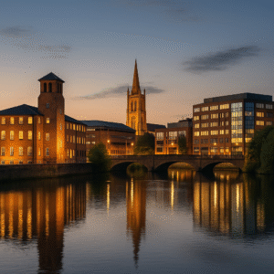 Derby City – Urban contrast. Prompt: “Derby city skyline at dusk, combining historic mills, modern buildings and the River Derwent, professional tone.
