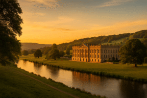 Chatsworth House – Golden-hour view of a grand stately home in rolling countryside