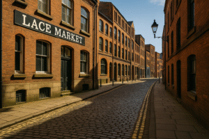 Cobbled street in Nottingham’s Lace Market lined with Victorian red-brick buildings, a creative district known for filming and independent productions