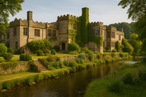 Haddon Hall near Bakewell in Derbyshire, a historic medieval stone manor with ivy-covered walls, riverside gardens, and Tudor-style windows, captured in soft morning light