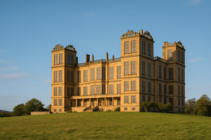 Hardwick Hall – Symmetrical Elizabethan hall on a hill. Prompt: “Large Elizabethan country house with tall glass windows, sandstone colour, open sky background.