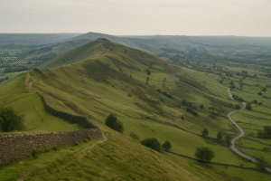 Panoramic view of the Peak District in Derbyshire showing rolling green hills, dry-stone walls, and winding country roads under soft natural daylight