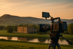 Professional video camera on tripod overlooking Chatsworth House and the rolling Derbyshire countryside at golden hour, symbolising Mediabox Productions filming across the East Midlands