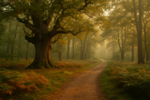 Sherwood Forest in Nottinghamshire with ancient oak trees and a winding woodland path lit by golden morning light, evoking the legend of Robin Hood.