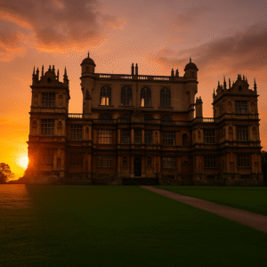 Wollaton Hall in Nottinghamshire at sunset, historic Elizabethan mansion and popular filming location captured for Mediabox Productions